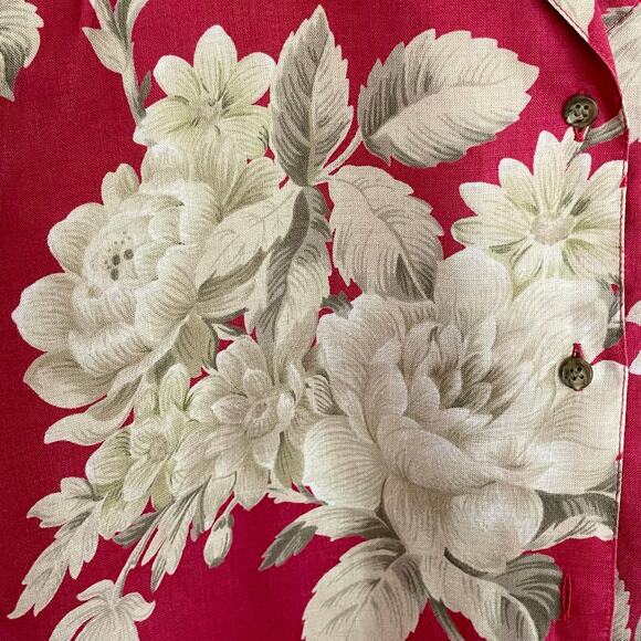 Evan Picone Red Cream Floral Print Ramie Camp Shirt Size L Summer Casual Cottage - Picture 6 of 7